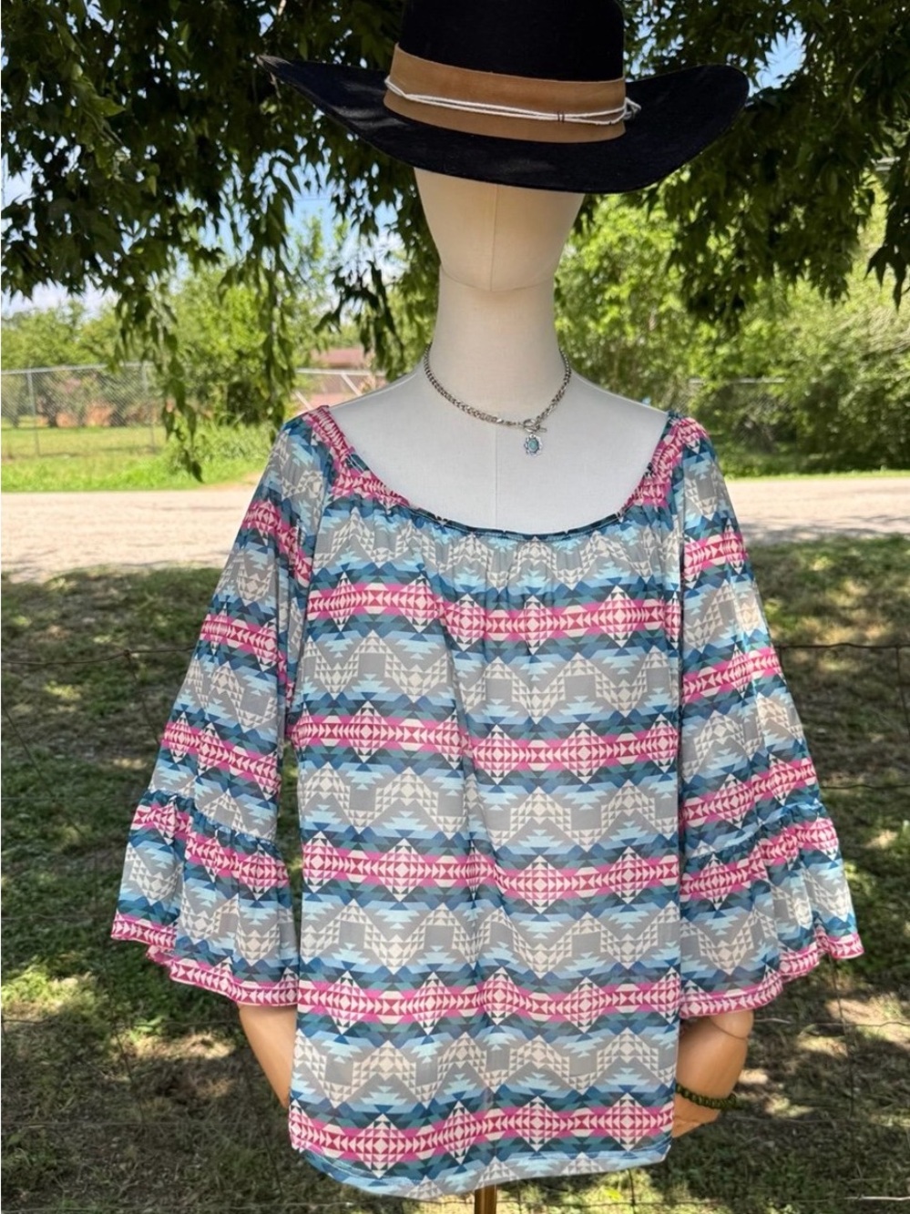 NWT Lucky & Blessed Pink Aztec Print Off The Shoulder Ruffle Top